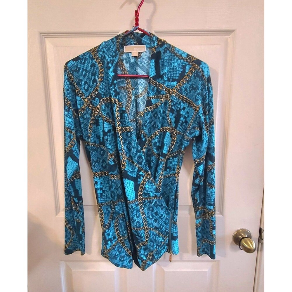 Michael Kors Teal Green Jersey Shift Pleat Neck Chain blouse  M 8/10 pre owned